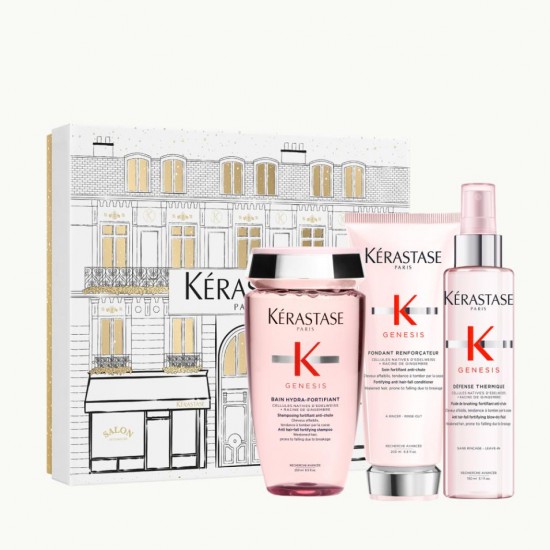 Kérastase Genesis Bain Hydra-Fortifiant зацврстувачки шампон за нормална до масна слаба коса склона кон опаѓање 250ml + Fondant Renforçateur зацврстувачки балсам 200ml + Défense Thermique спреј со термо заштита за слаба коса склона кон опаѓање 150ml