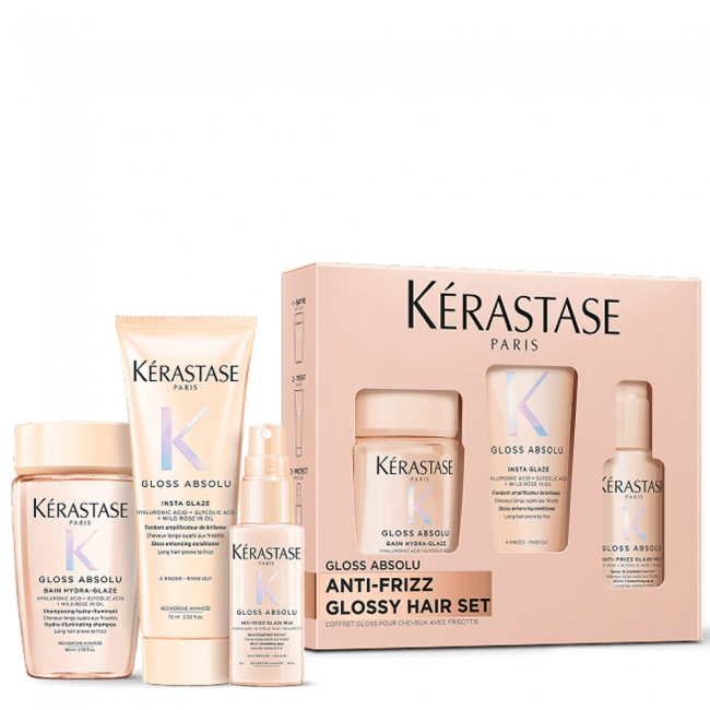 Kérastase Gloss Absolu Discovery сет: Bain Hydra-Glaze  шампон за долга коса склона кон frizz 80ml + Gloss Absolu Insta Glaze балсам за поттикнување сјај на долга коса склона кон frizz 45ml + Gloss Absolu Anti-Frizz Glaze Milk млеко во спреј 75ml