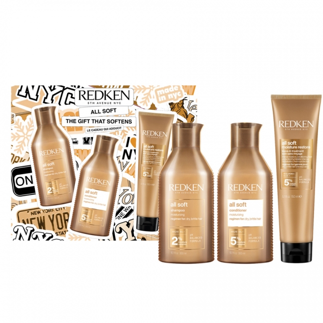 Redken NYC All Soft шампон за нега на сува коса 300ml + All Soft балсам за нега на сува коса 300ml + ll Soft Moisture Restore третман без одмивање за нега на сува коса 250ml