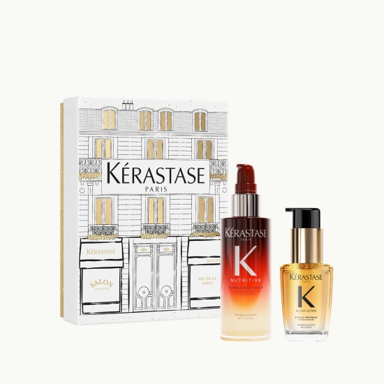 Kérastase Nutritive 8H Magic Night Serum високонутритивен ноќен серум за сува коса 90ml + Elixir Ultime L’Huile Originale Refillable масло за долготраен сјај и заштита на коса 30ml