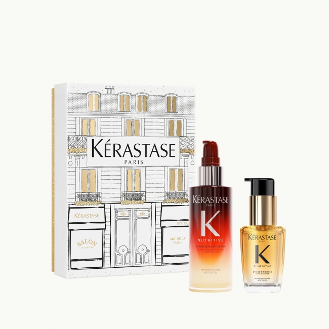 Kérastase Nutritive 8H Magic Night Serum високонутритивен ноќен серум за сува коса 90ml + Elixir Ultime L’Huile Originale Refillable масло за долготраен сјај и заштита на коса 30ml