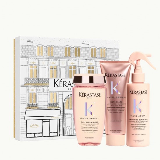 Kérastase Gloss Absolu шампон 250ml +балсам за поттикнување сјај на долга коса склона кон frizz 250ml +млеко во спреј 190ml 