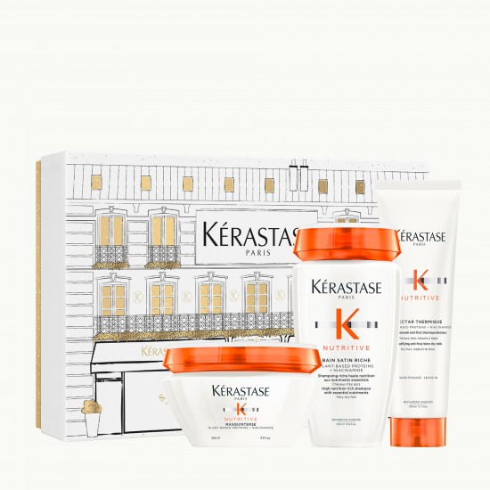 Kérastase Nutritive Bain Satin Riche шампон со есенцијални нутриенти за многу сува коса 250ml + Thermique разубавувачко anti-frizz млеко за суво средно до дебело влакно 150ml