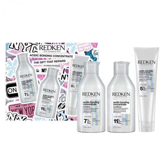 Redken NYC Acidic Bonding Concentrate шампон за оштетена коса и испукани влакна 300ml + Acidic Bonding Concentrate балсам за оштетена коса и испукани влакна 300ml + Acidic Bonding Concentrate крема без одмивање за оштетена коса и испукани влакна 150ml